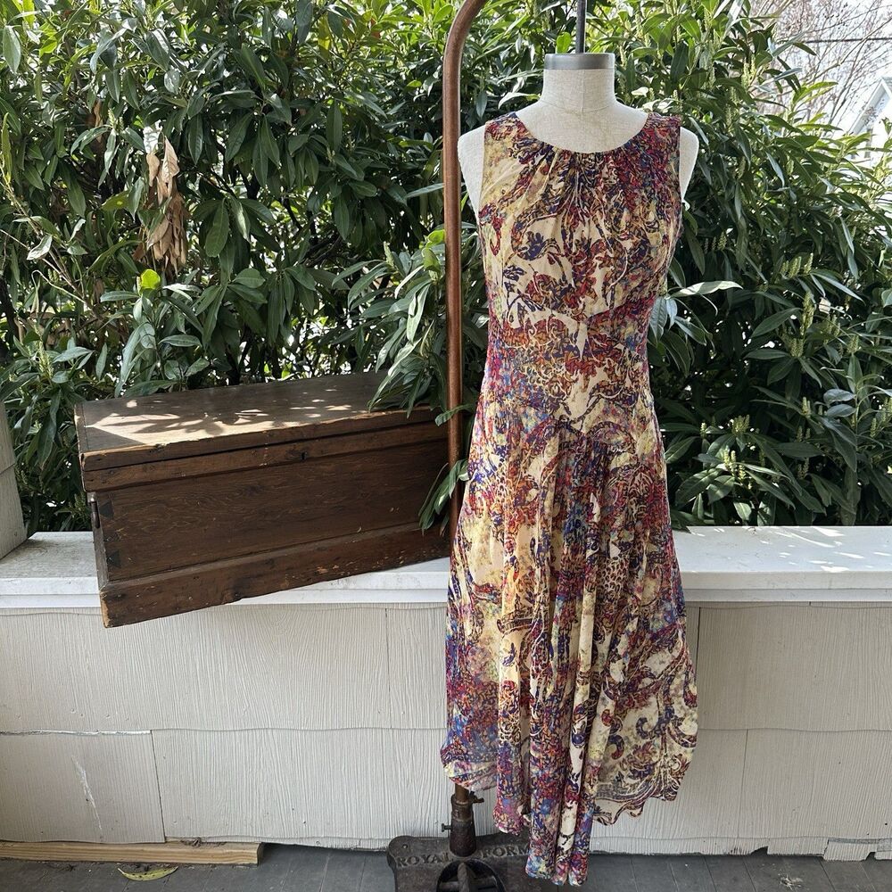 Vintage Evan-Picone Chiffon Dress Boho Retro 90s Midi Draped Art Deco Chic Sz XS